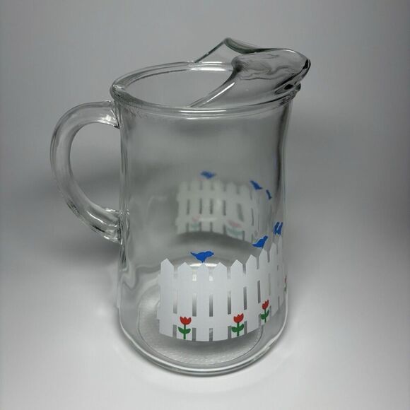 Libbey Other - Libbey White Fence Blue Birds Red Flowers Clear Glass Pitcher 64 oz Cottagecore